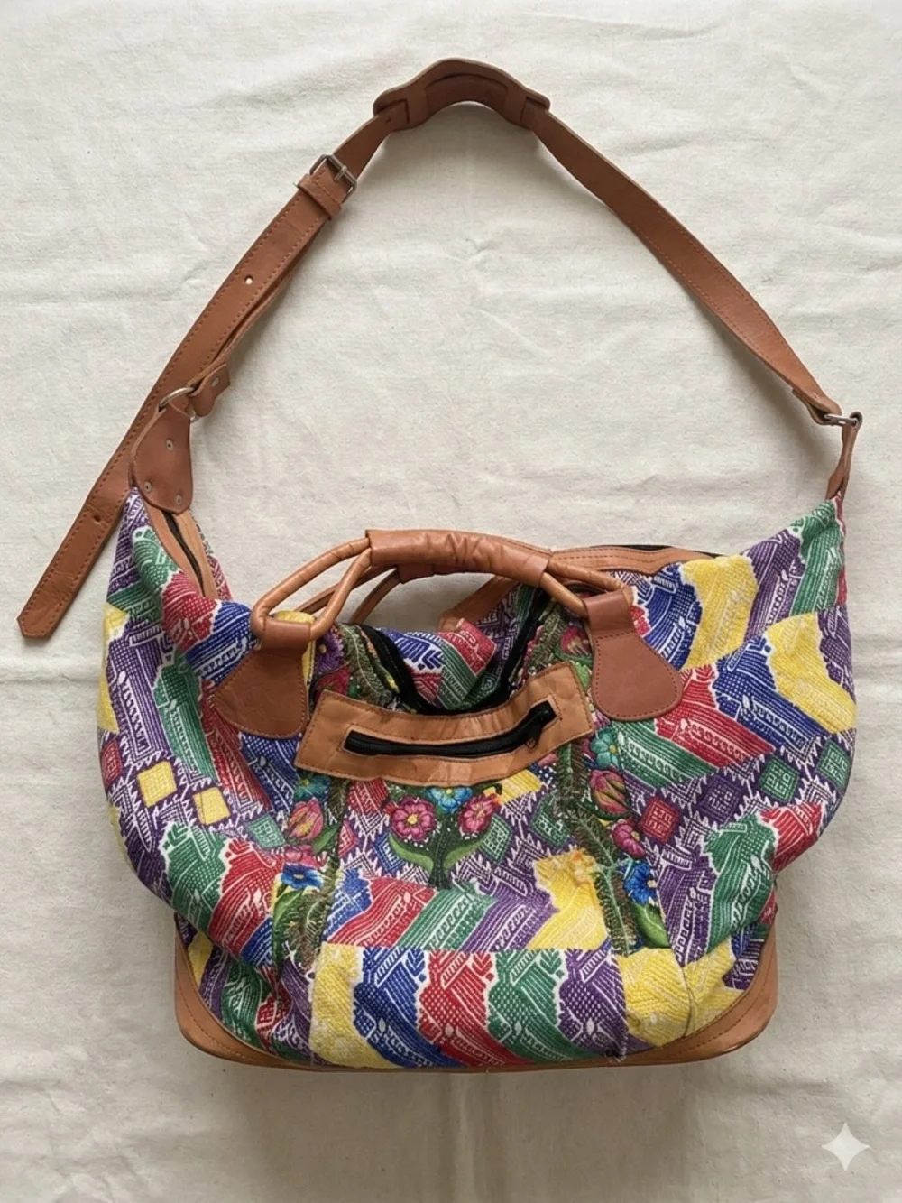 Vintage Guatemalan Huipil & Leather Weekender Bag | Hand-Woven Boho Travel Tote